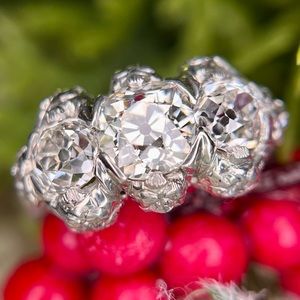 2.92 ctw GIA Antique Old Mine Cut Diamond Trilogy Platinum Engagement Ring